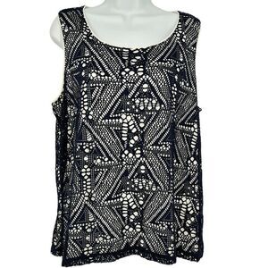 Chico's SZ 2/L/12 Women's Navy Blue Open Weave Geometric Pattern Tank‎ Top